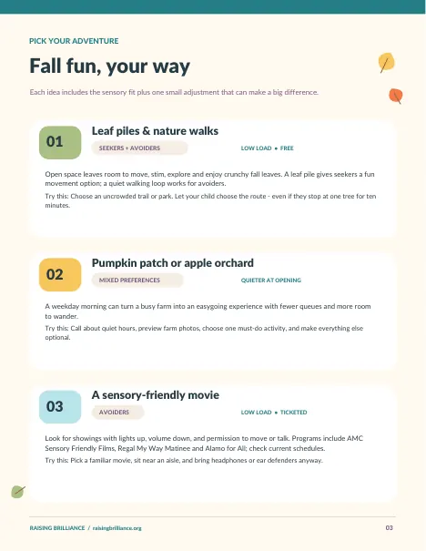 Inside page 2 of 10 Autism-Friendly Fall Activities